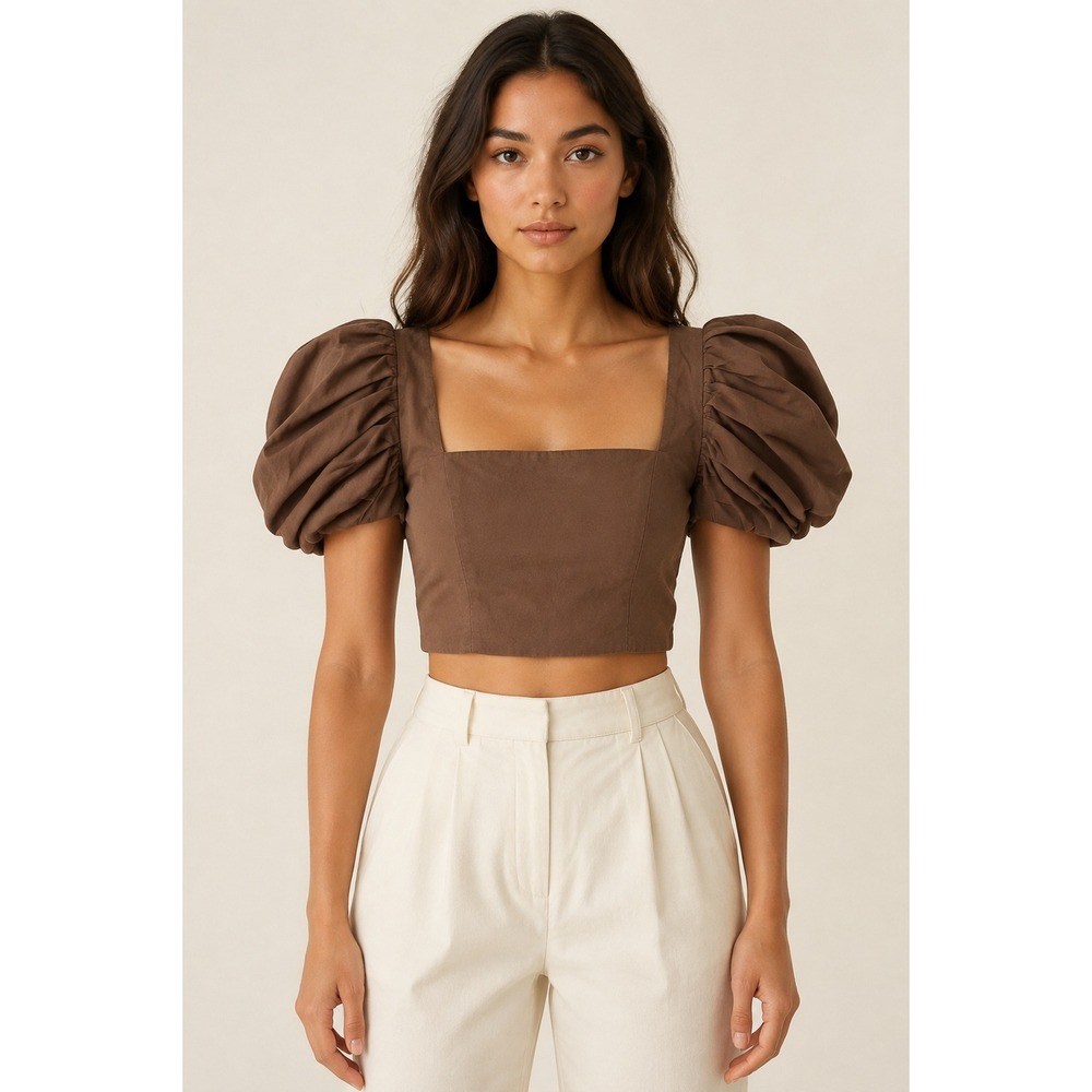 Forever 21 Women's Small Brown Puff Sleeve Smocked Crop Top Tie Back